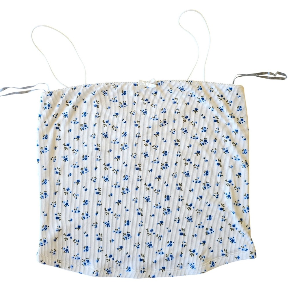 Just Polly New York Ribbed Floral Camisole Top Blue White Bow Ditsy‎ Print Large